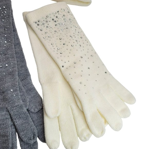 Cream and Gray Hat and Gloves Set Silver Metallic Embellished Dh836 - Picture 3 of 4